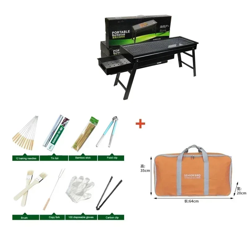 Outdoor charcoal BBQ grill, foldable and compact, ideal for travel, camping & park picnics.