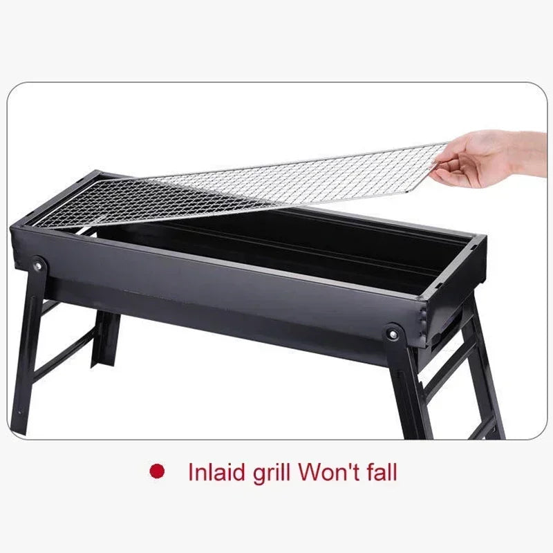 Durable metal portable charcoal grill, folds compactly for camping, picnics, and outdoor BBQ adventures.