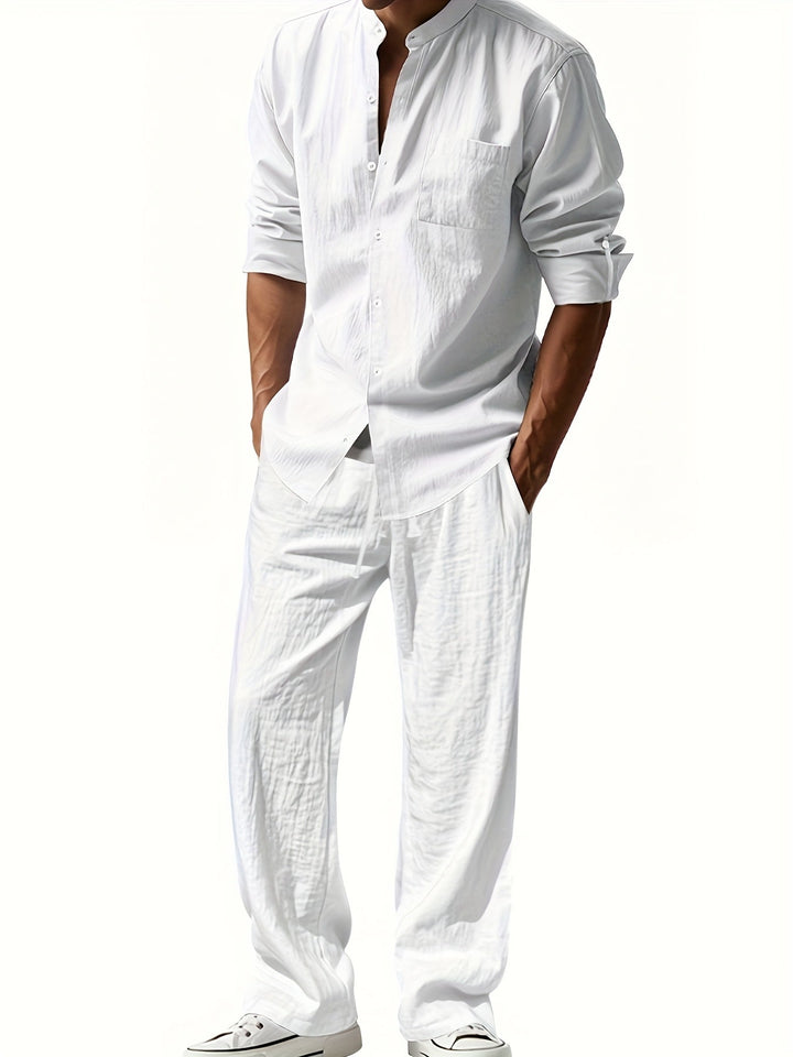 Men's band collar long sleeve shirt & matching pants set. Effortless style, relaxed fit, perfect for casual summer fashion.