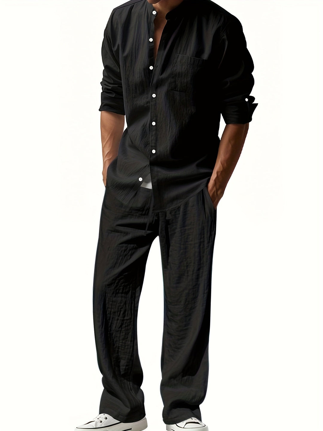 Versatile men's band collar shirt & pants set. Ideal for casual outings, summer events, or a relaxed modern look.