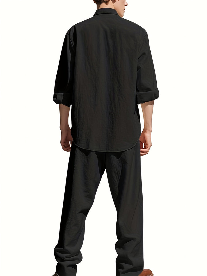 Stylish men's long sleeve band collar shirt paired with matching casual pants. A complete two-piece outfit.