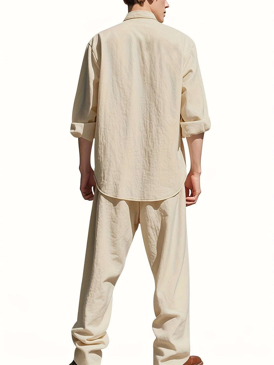 Complete men's outfit: matching band collar long sleeve shirt & comfortable pants set. Effortless casual wear.