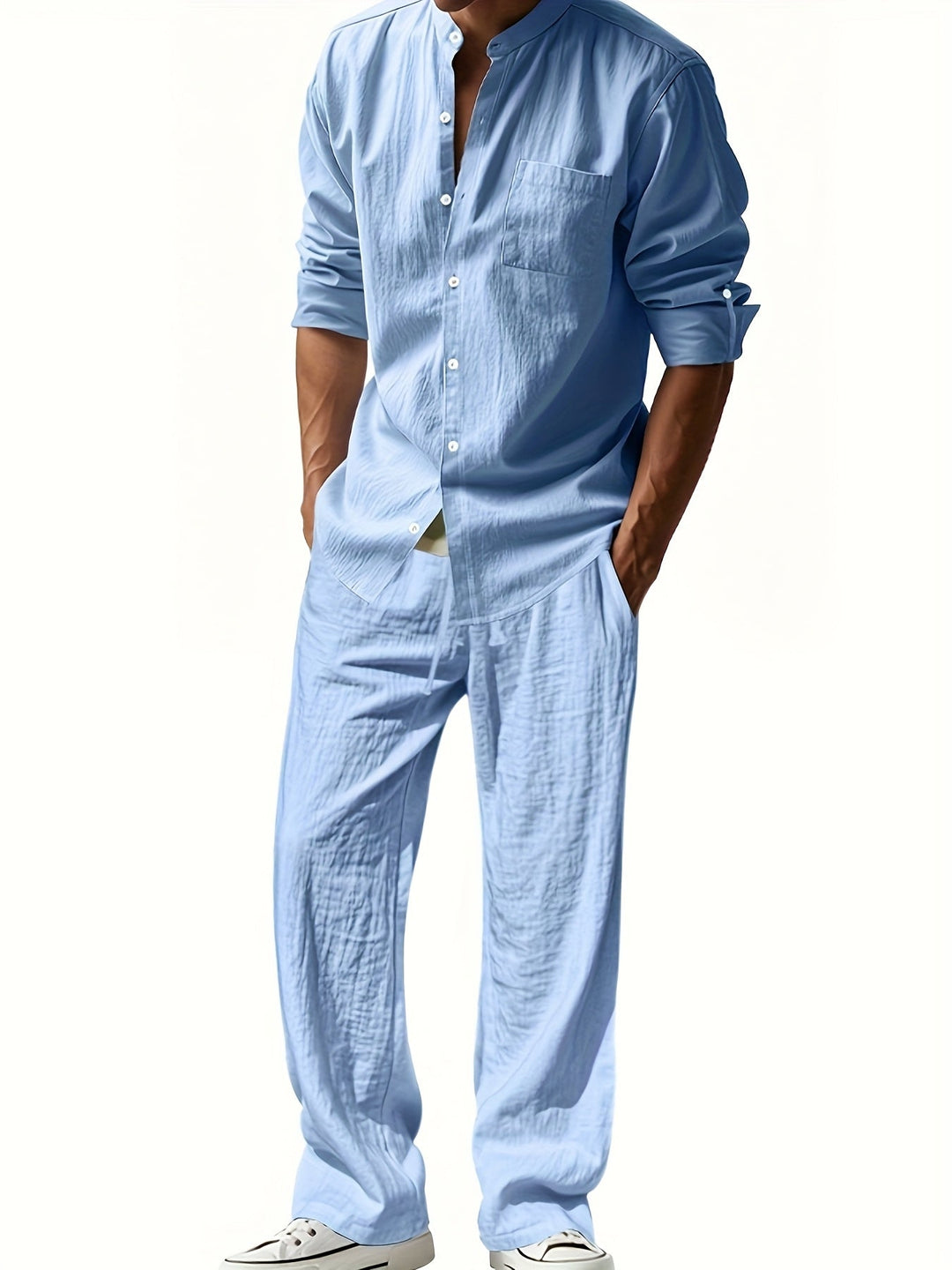 Lightweight men's band collar shirt and pants set, perfect for summer style. Relaxed, comfortable, and modern.