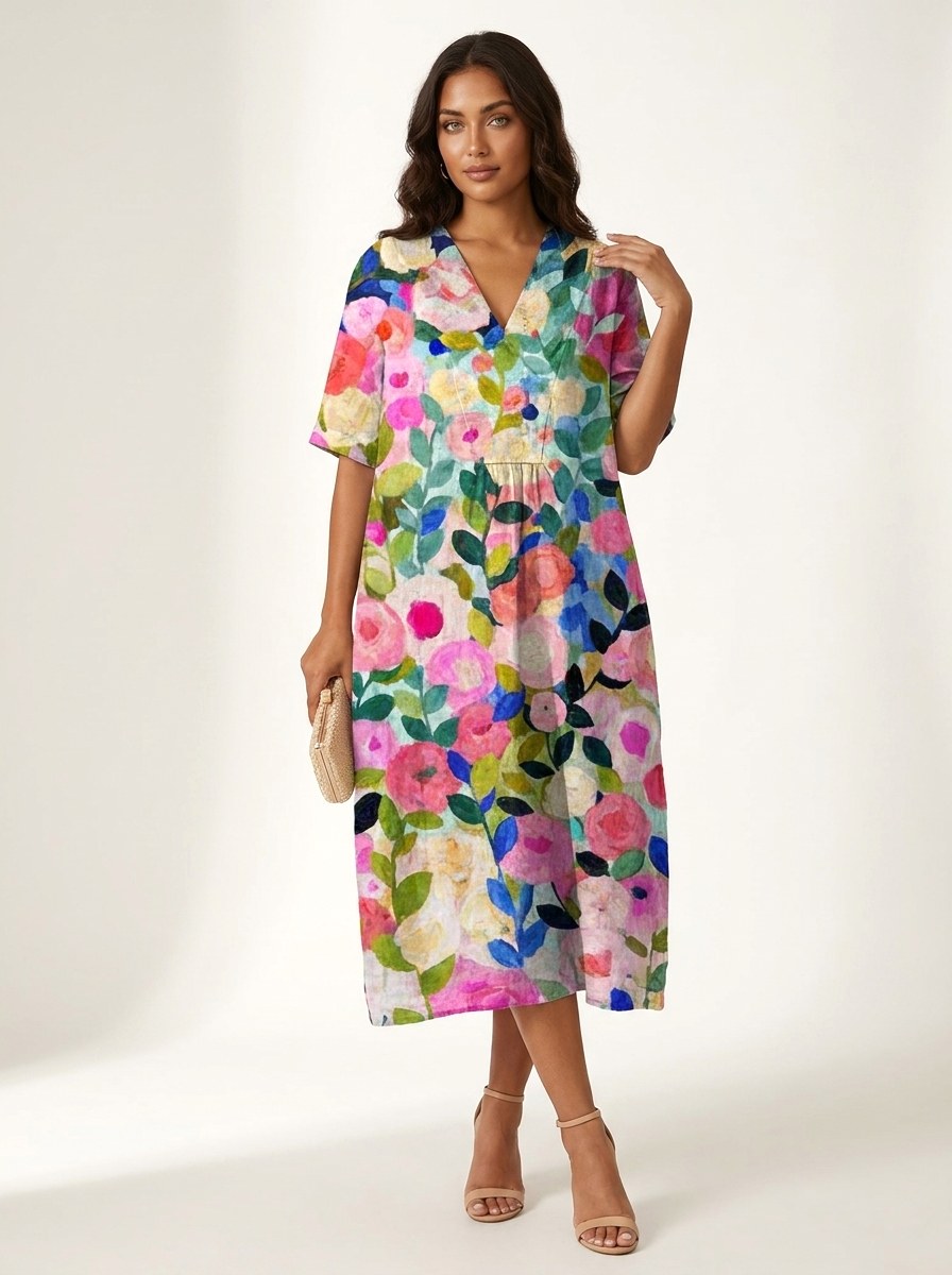 Women's V-neck midi dress with vibrant nature-inspired floral print, perfect for summer casual wear.