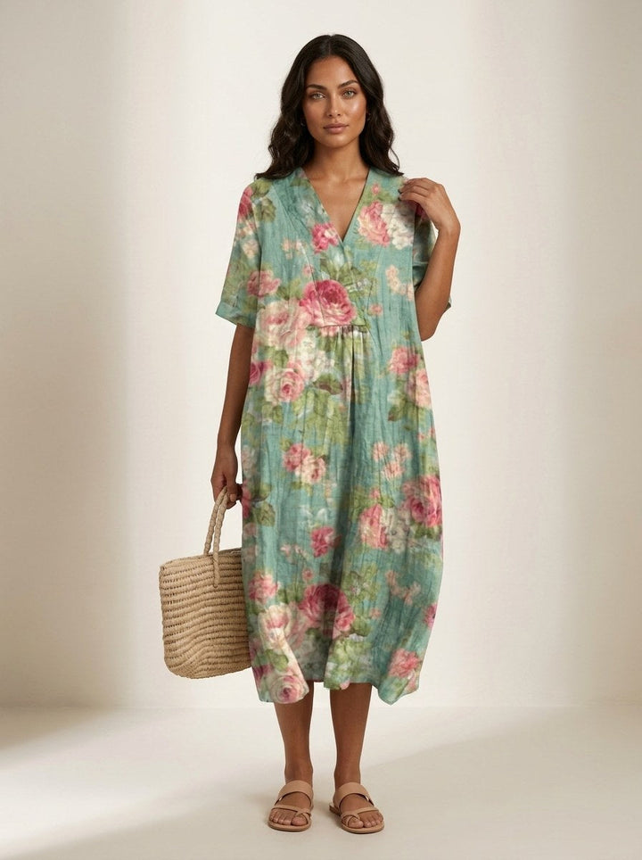 Women's comfortable v-neck midi dress, featuring a fresh nature print, perfect for summer and vacation.