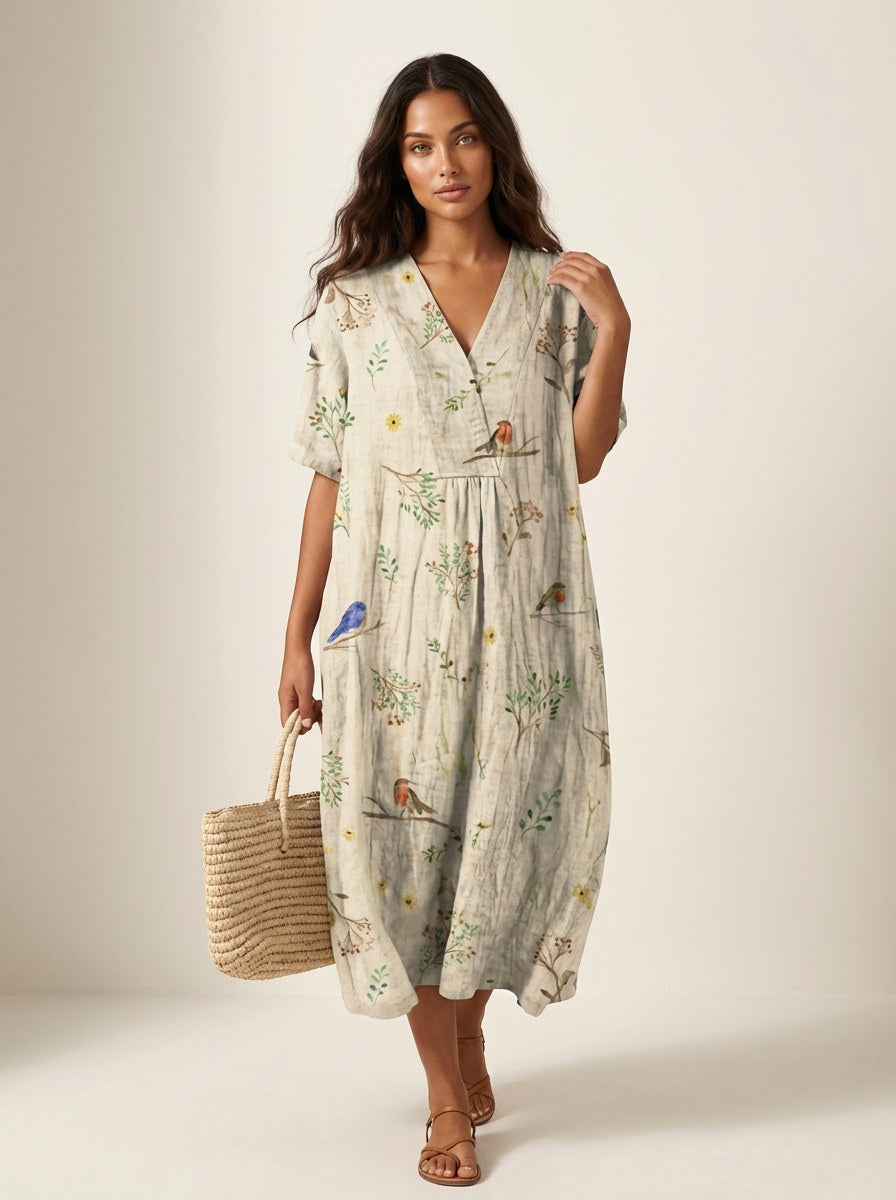 Everyday elegant women's v-neck midi dress, showcasing a unique nature-inspired floral print.