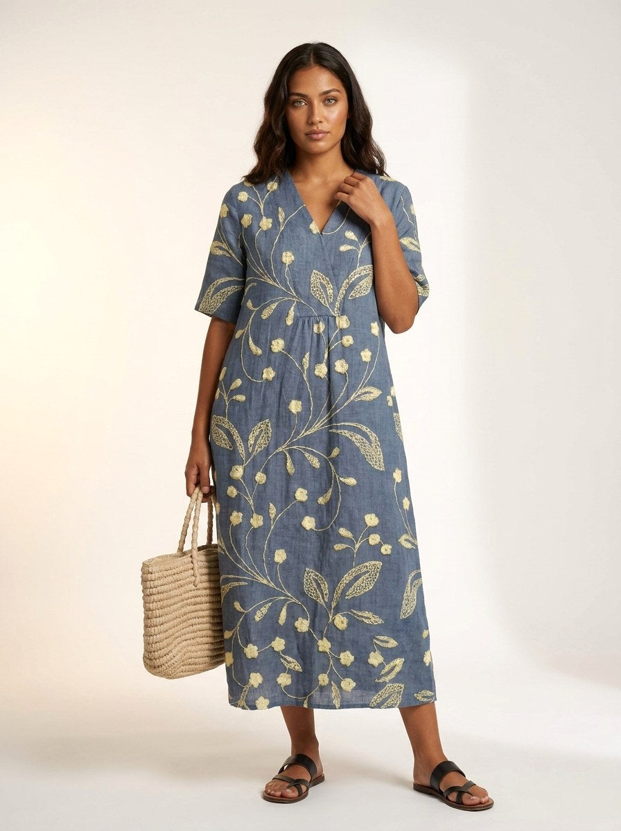 Flowy v-neck midi dress for women, showcasing a relaxed fit and stunning nature print, comfortable for summer.