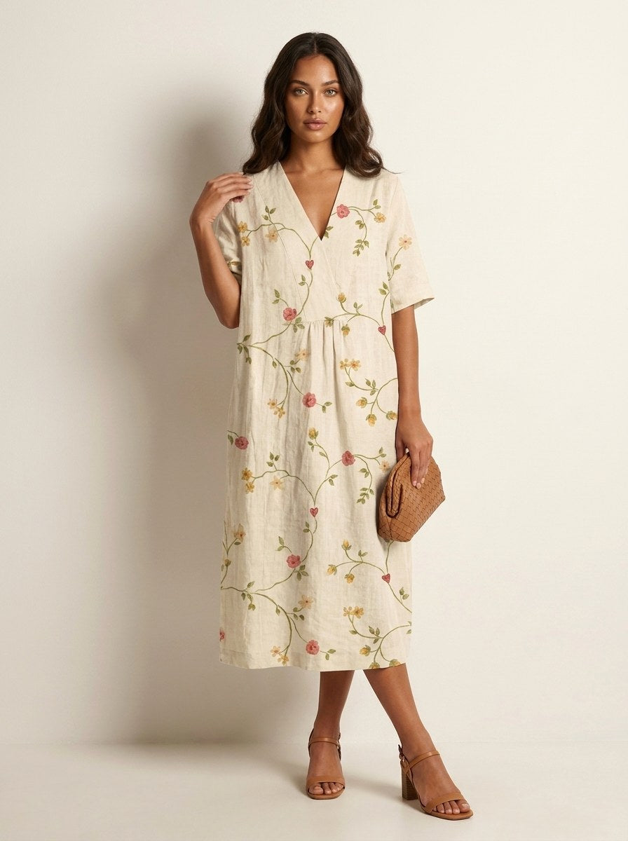 Comfortable women's midi dress, v-neck design, and a lively nature print, great for summer everyday wear.