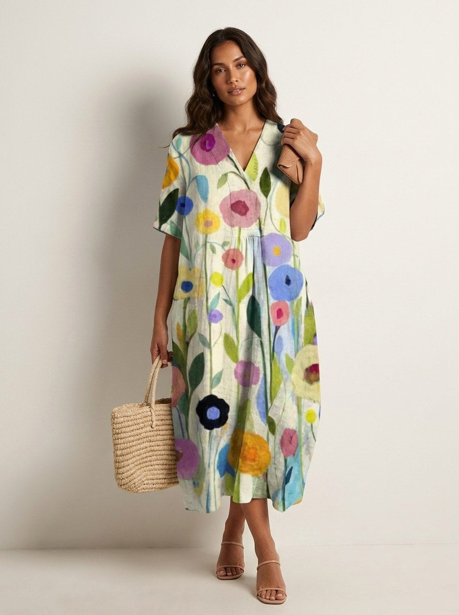 Vibrant women's floral print v-neck midi dress, perfect for a chic summer vacation look or everyday comfort.