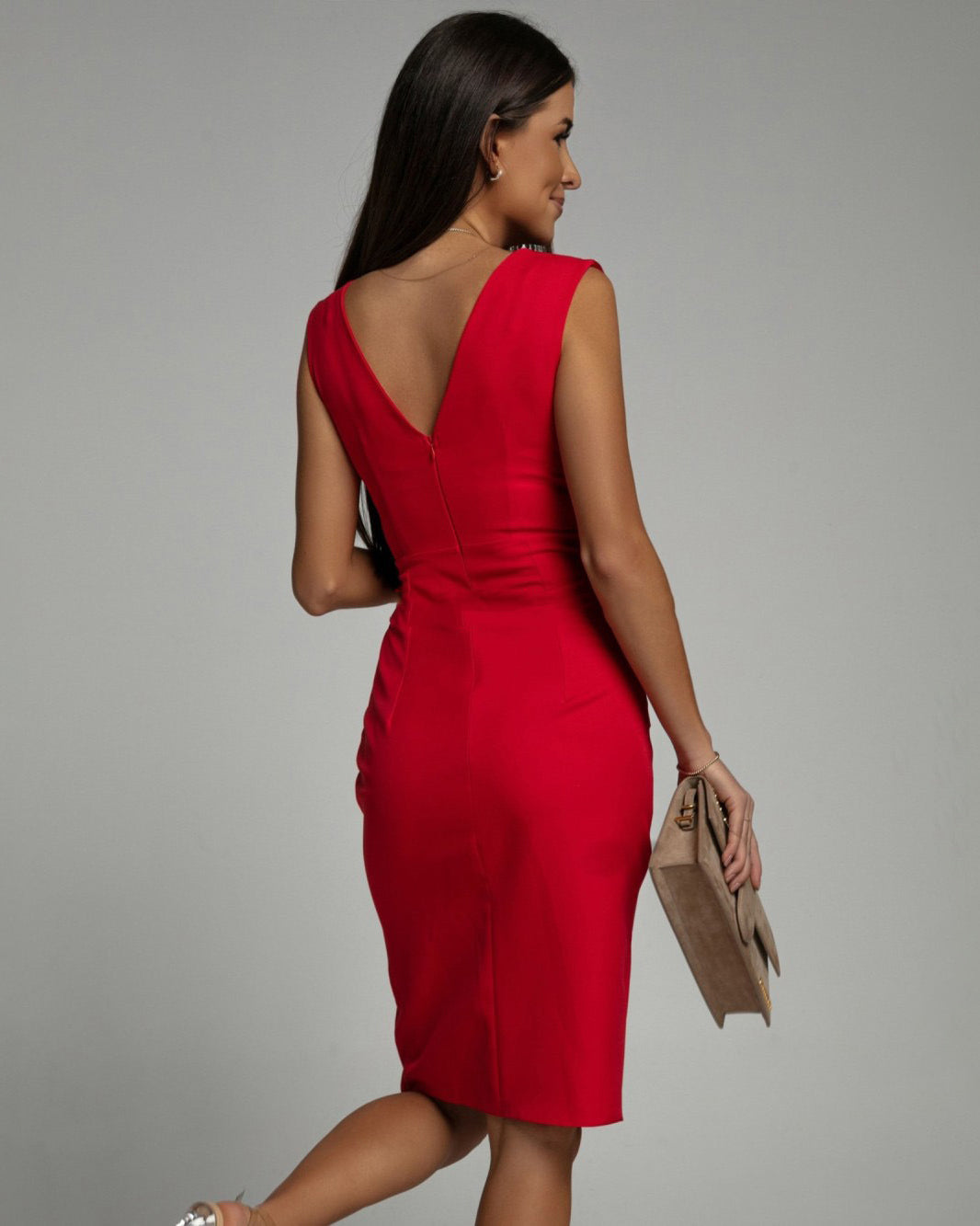 Cassia | Women's V-Neck Sleeveless Fitted Dress - Red - Image 2
