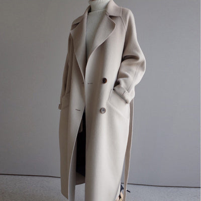 Women's elegant casual long wool jacket, perfect for stylish winter outerwear. Classic everyday ladies coat.