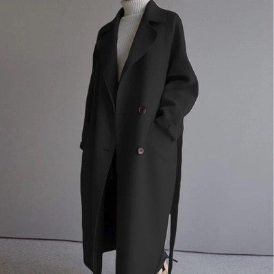 Warm women's long casual wool jacket, elegant outerwear for winter. Stylish ladies coat in classic style.