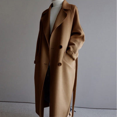 Chic women's longline wool winter jacket. Elegant casual fall fashion coat, perfect warm outerwear for ladies.