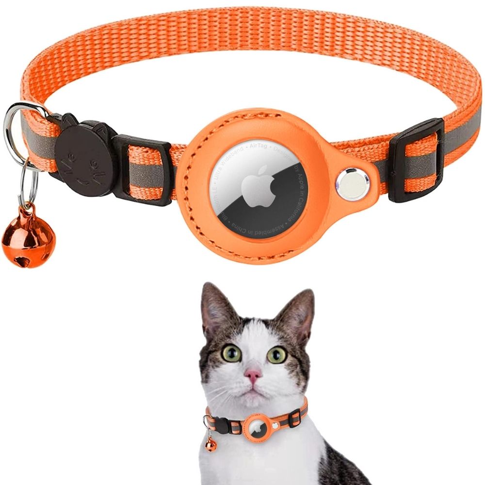 Night visibility cat collar with integrated GPS tracker holder and adjustable strap for a secure fit.