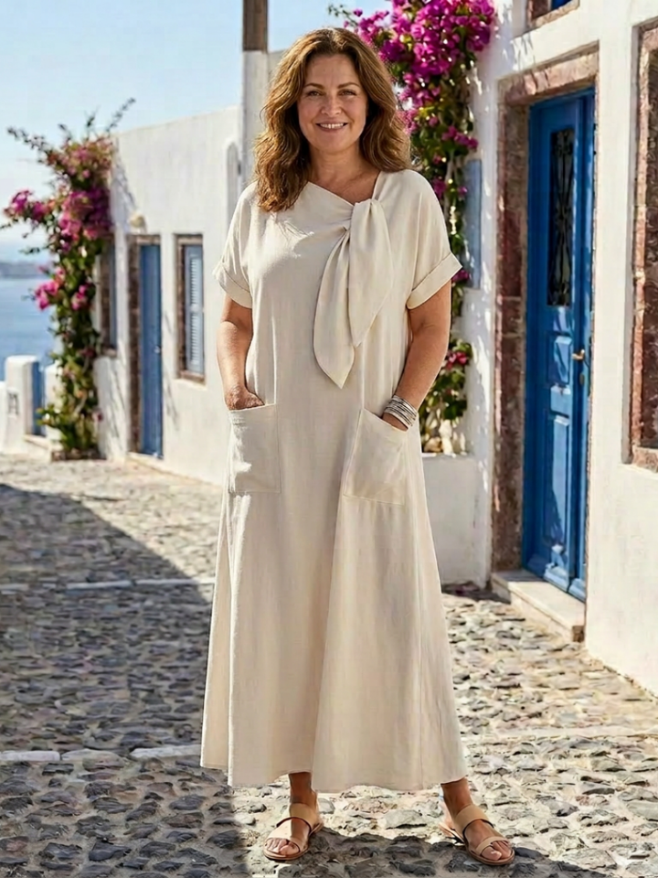 Catalina | Women's Tie Neck Short Sleeve Maxi Dress - Beige - Image 1