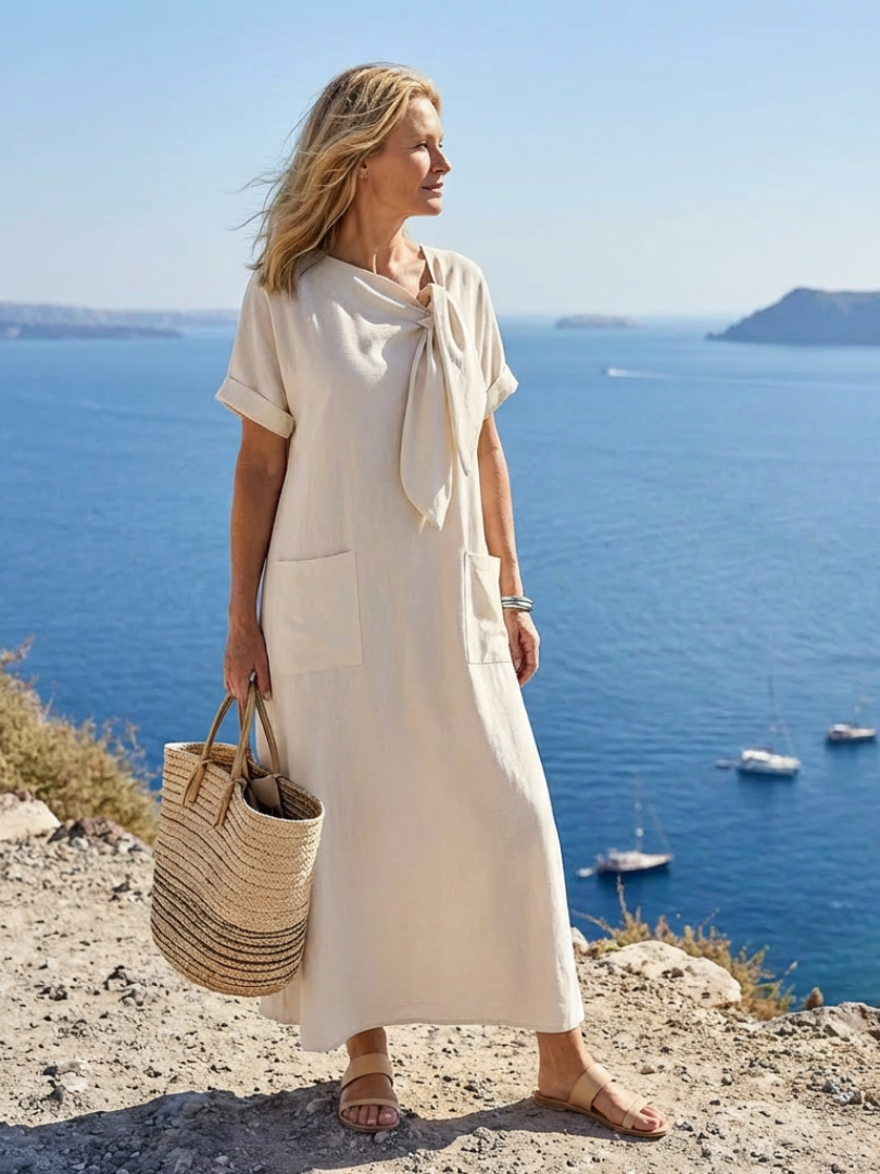 Catalina | Women's Tie Neck Short Sleeve Maxi Dress - Beige - Image 3