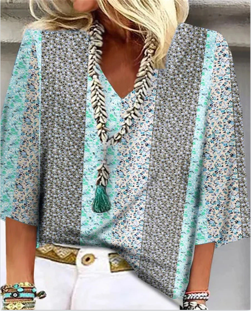 Women's Printed V-Neck 3/4 Sleeve Blouse