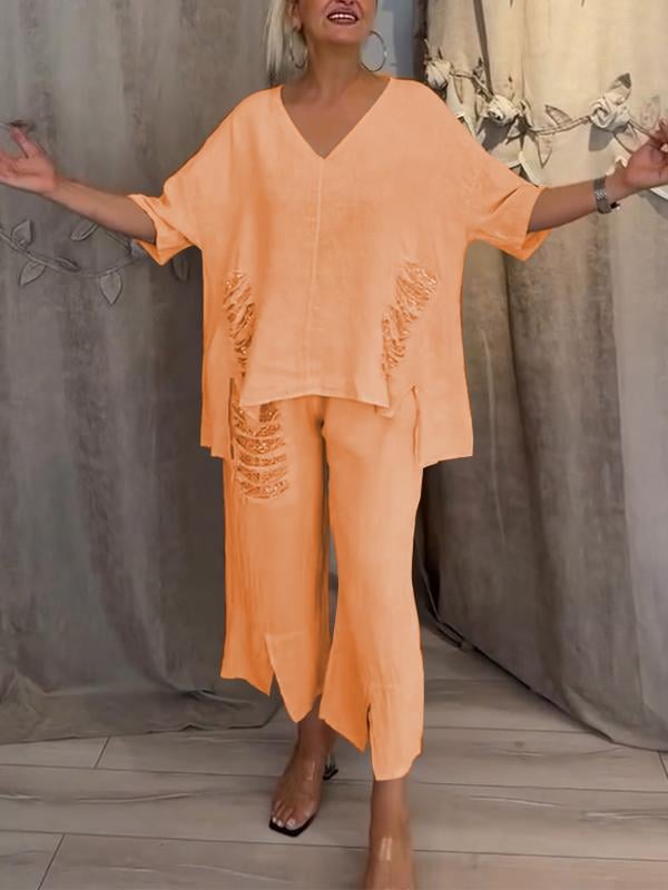 Women's V-Neck Top & Wide Leg Pants Set