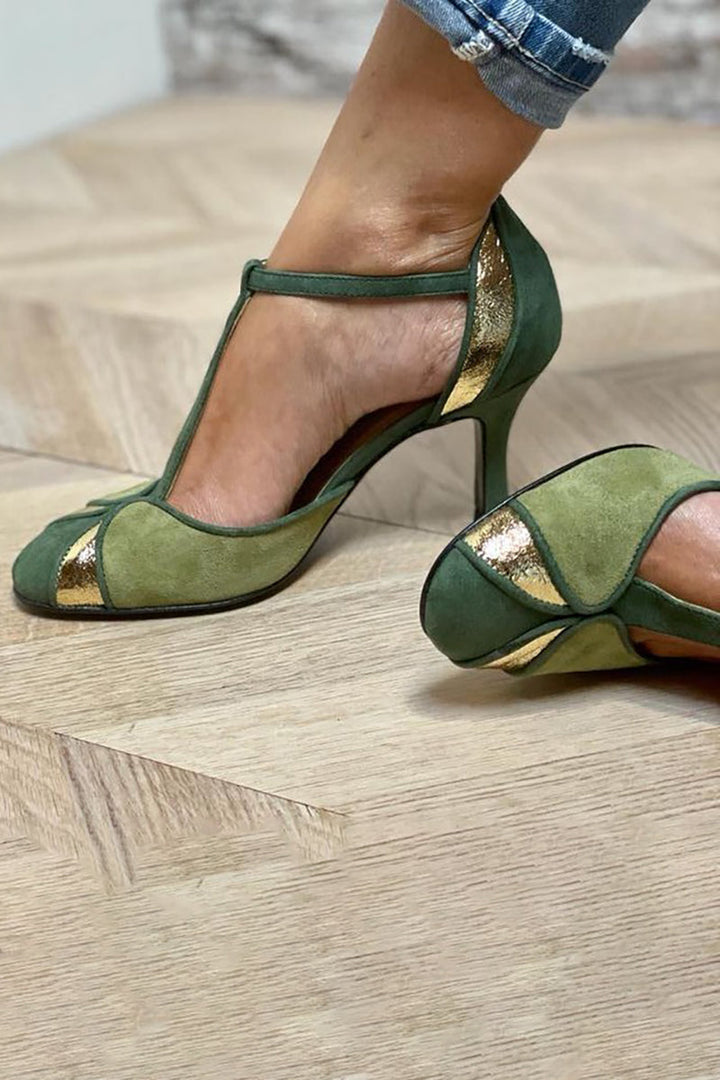 Patchwork T-Strap Closed Toe Heels
