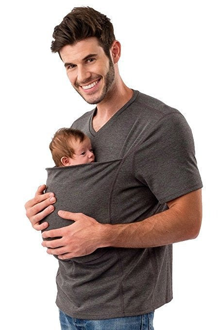 Dad enjoying hands-free time with his baby in a stylish unisex babywearing T-shirt, active parenting essential.