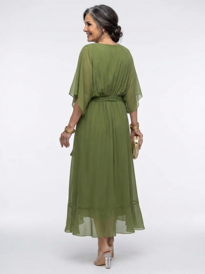 Relaxed fit women's short sleeve midi dress with draped V-neck and tie waist, a flowy summer style.