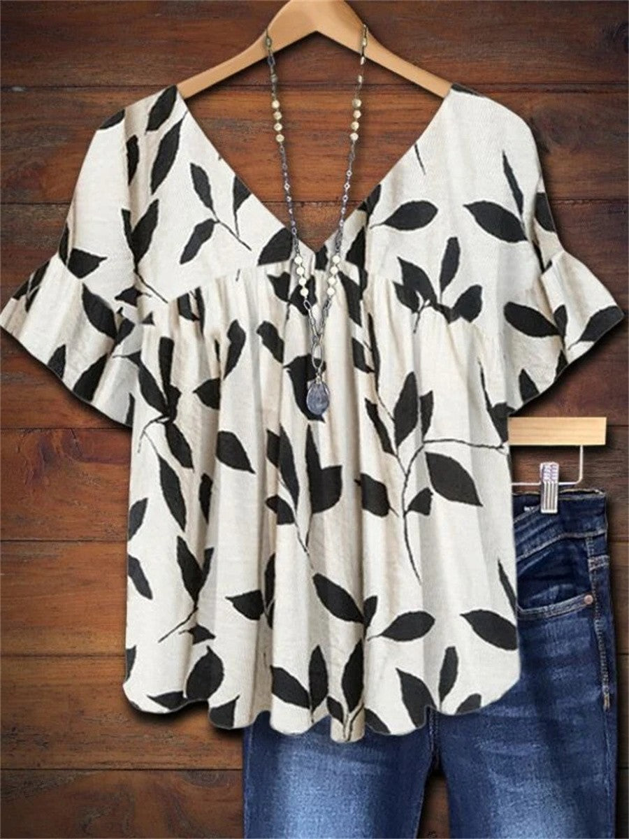 Daisy Printed V-Neck Ruffle Top - Women's Blouse
