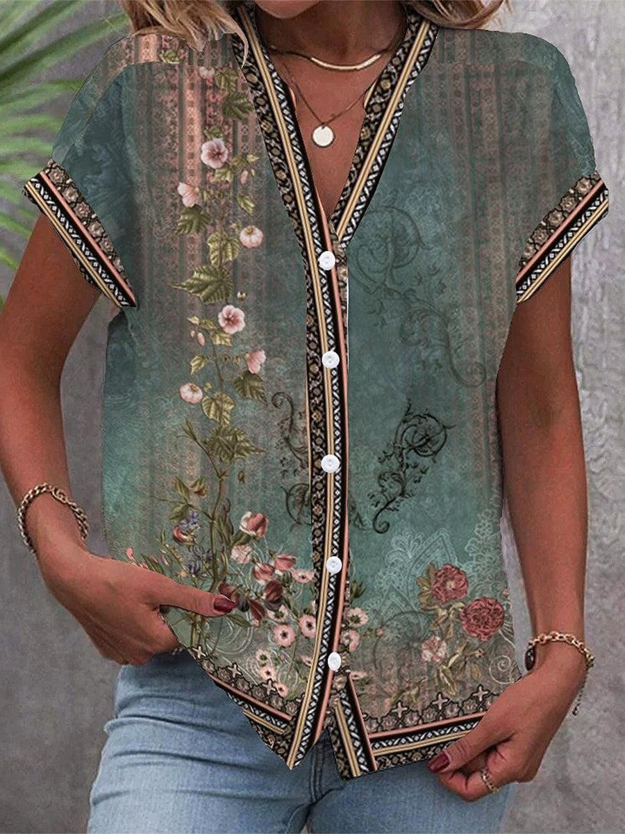 Women's Floral Print V-Neck Flutter Sleeve Blouse