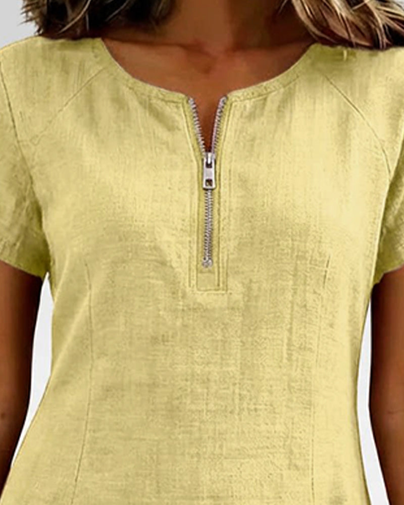 Women's Linen Zip Neck Mini Dress