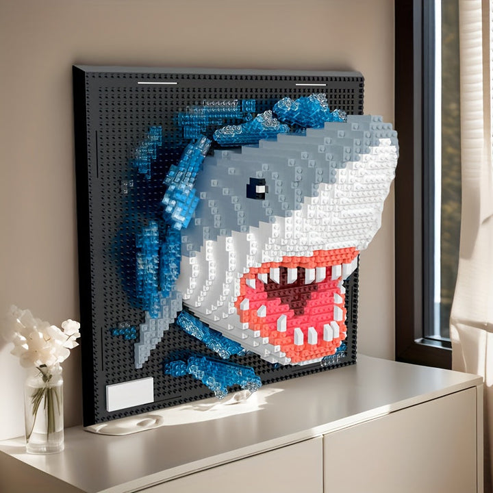 DIY 3D building block puzzle: shark & eagle wall art. Creative construction set for adults.