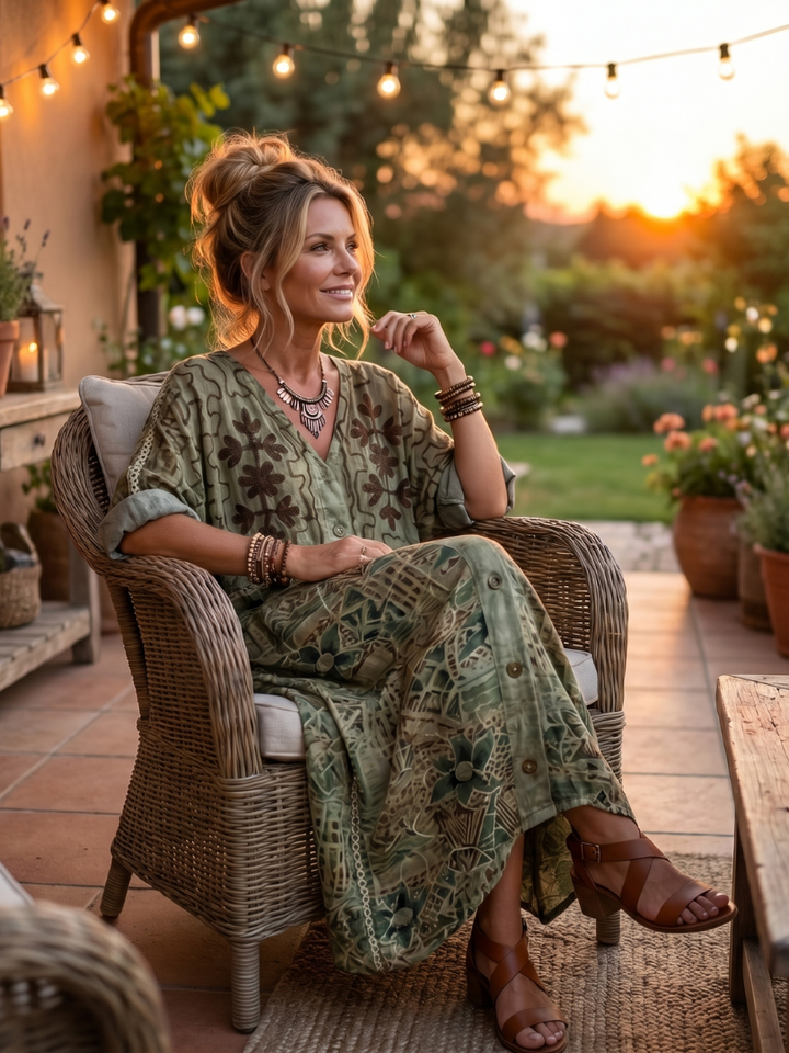 Casual women's embroidered midi dress, oversized fit, button front, V-neck, with pockets. Great for everyday summer.