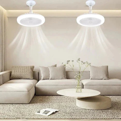 Easy install screw-in lamp socket fan with integrated LED light. Instant room illumination & air movement.