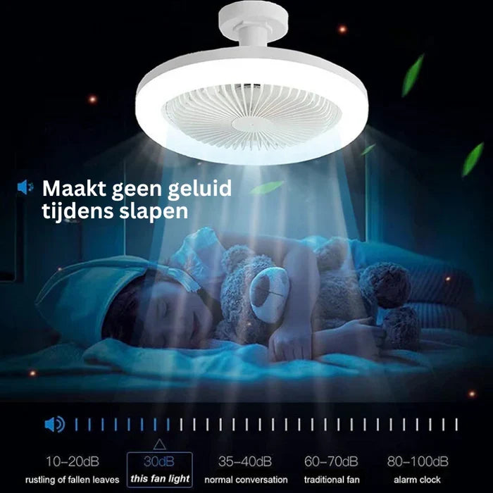 White indoor ceiling fan with bright LED light. Offers cooling, lighting, & convenience with remote control.