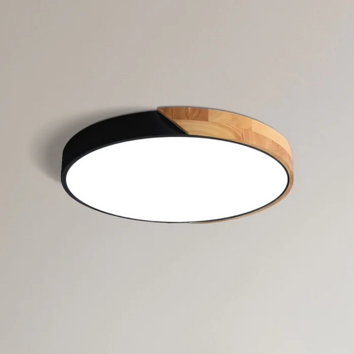 Scandinavian round wood LED ceiling light for modern homes, energy-efficient & stylish decor.