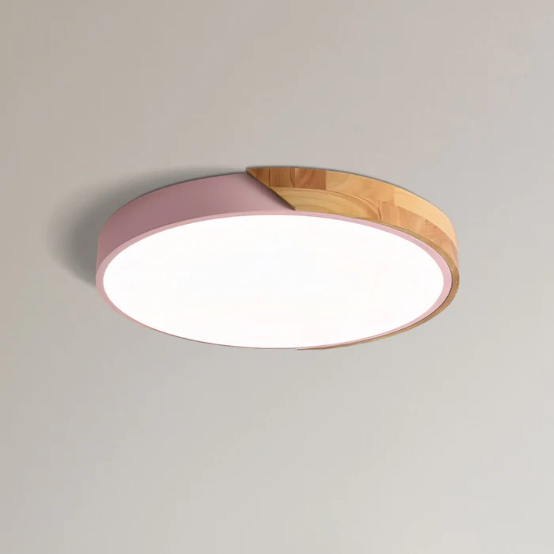 Minimalist round wood LED ceiling light, ambient home lighting, perfect for modern decor.