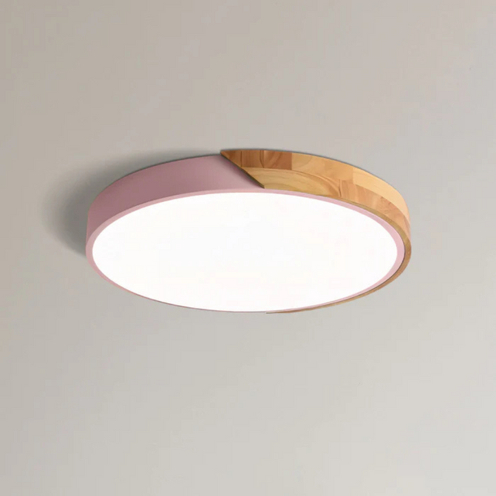 Minimalist round wood LED ceiling light, ambient home lighting, perfect for modern decor.