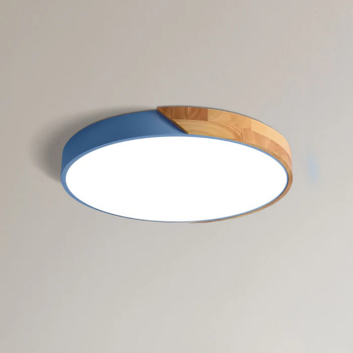 Modern LED ceiling lamp with natural wood frame, excellent for contemporary home lighting solutions.