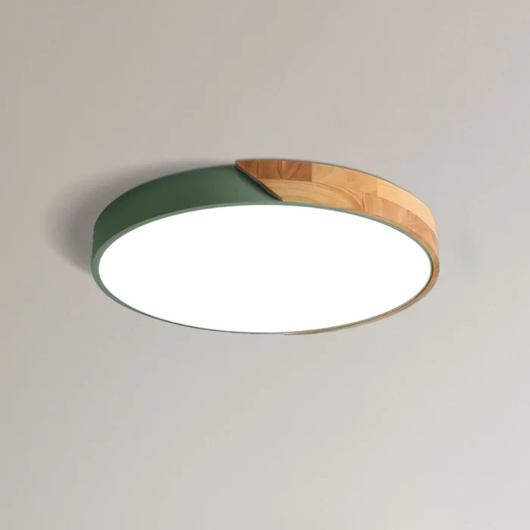 Energy-efficient LED wood ceiling light, flush mount design, enhances modern Scandinavian decor.