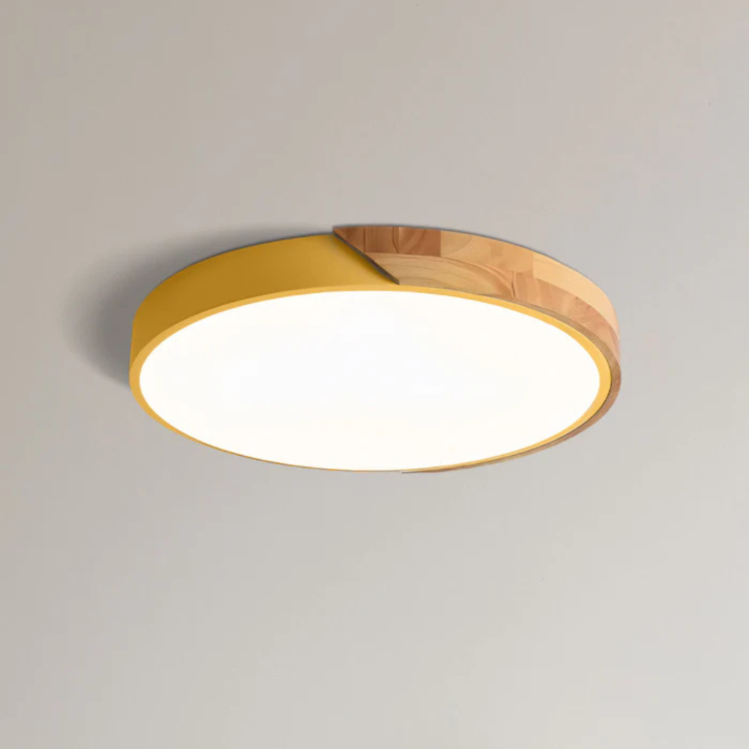 Stylish round wood LED ceiling fixture, dimmable, offering warm ambient light for any room.