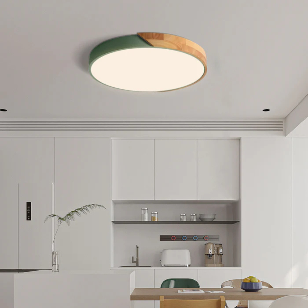 Elegant flush mount LED wood ceiling lamp, dimmable, providing bright, energy-saving light.