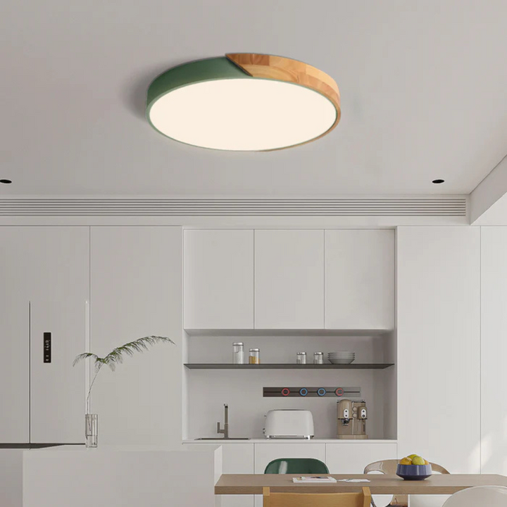 Elegant flush mount LED wood ceiling lamp, dimmable, providing bright, energy-saving light.