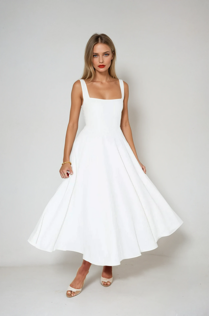 Celeste Charm sleeveless white midi dress with elegant square neckline and flared skirt.
