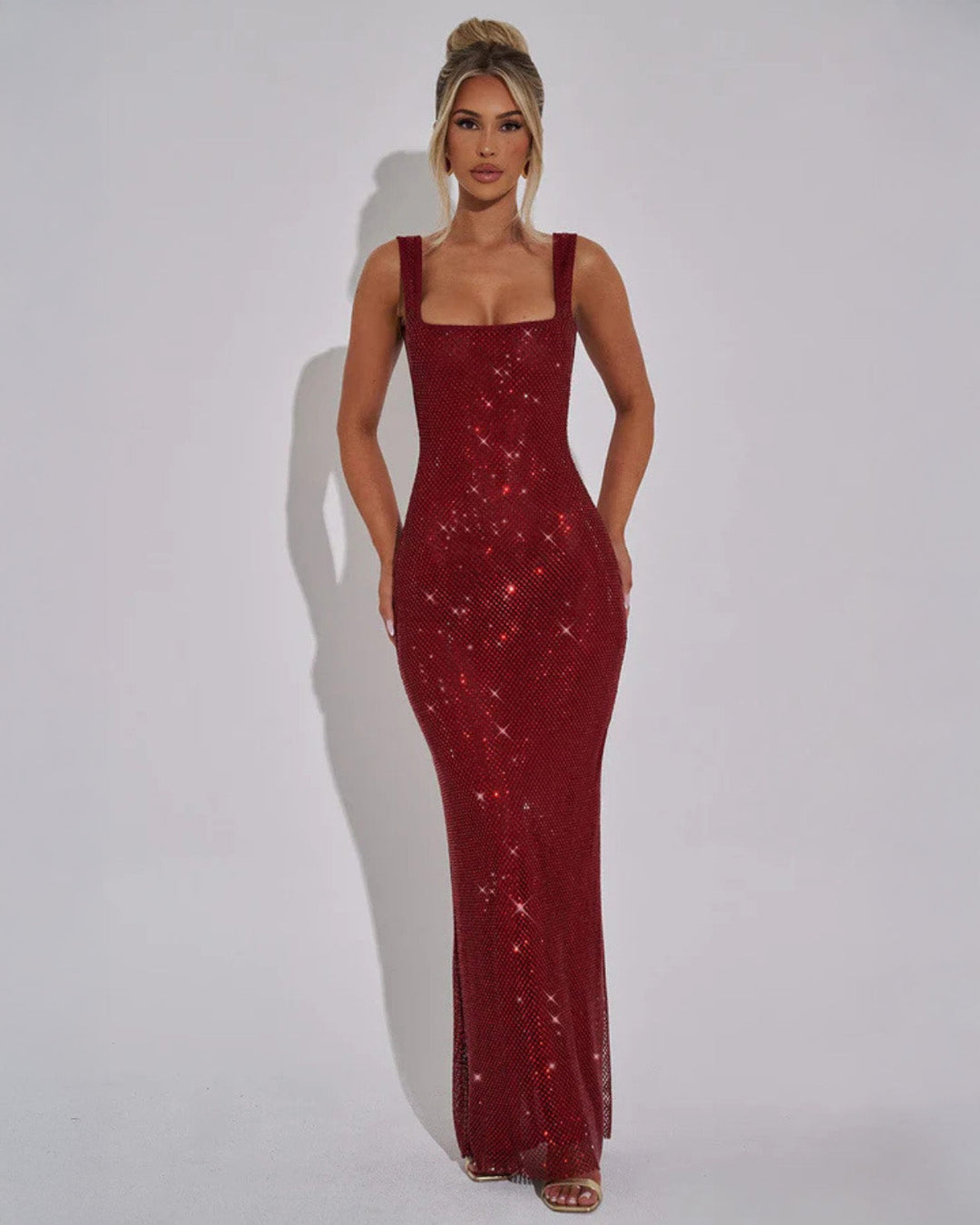 Celeste red sequin formal evening gown for women, elegant maxi dress.