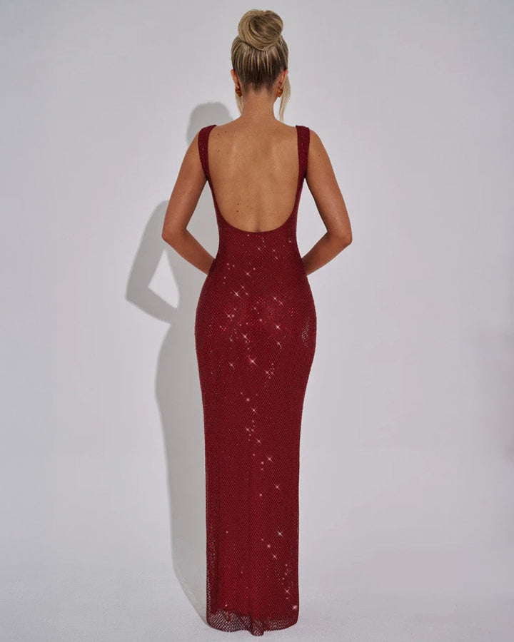 Sequin-embellished formal gown in a stunning red hue.