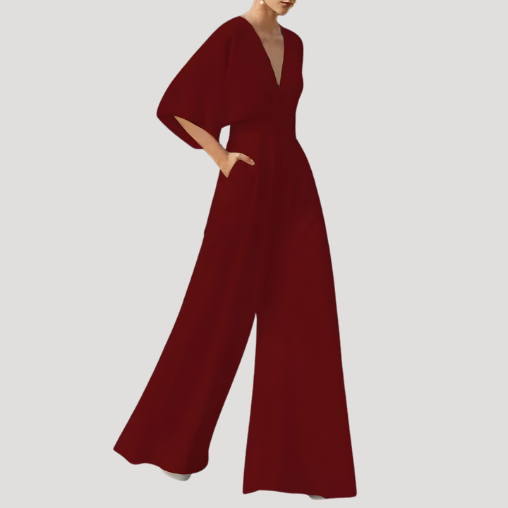 Versatile women's V-neck wide leg jumpsuit by Celeste. A comfortable, flowy one-piece that flatters all figures.