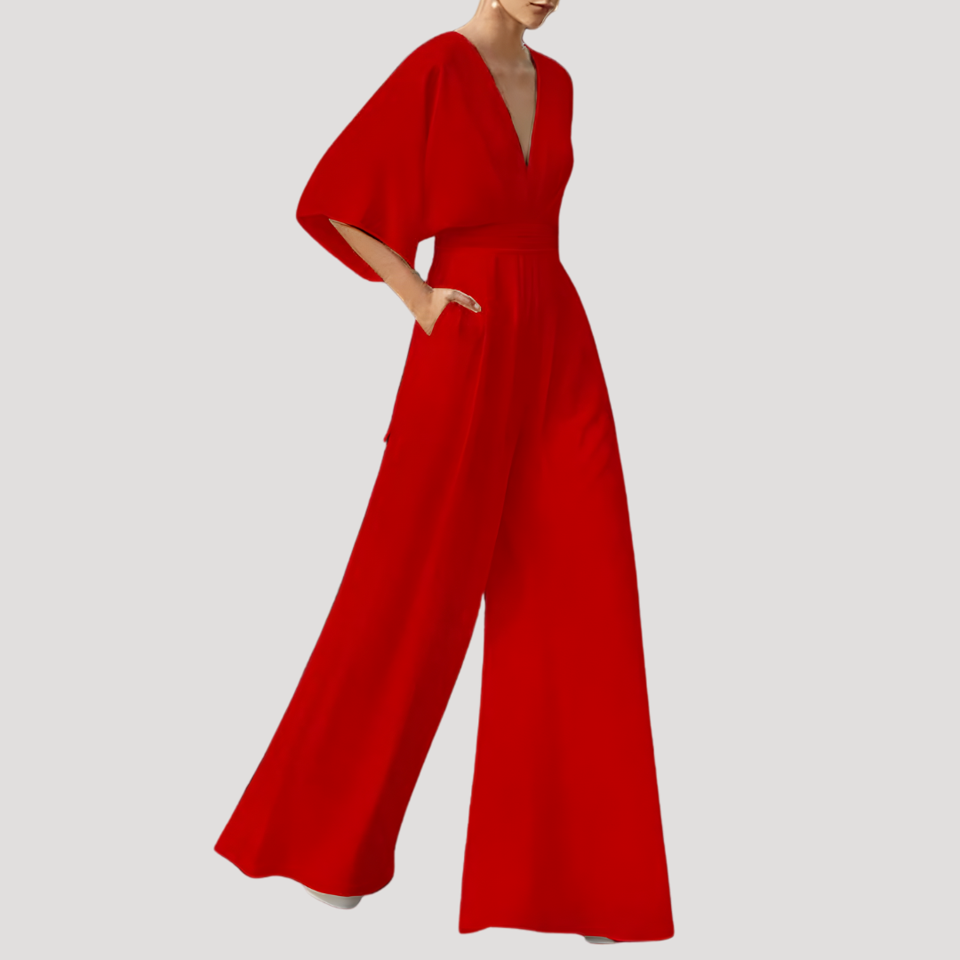 Elegant Celeste women's jumpsuit with a flattering V-neck and stylish wide leg. Ideal for sophisticated comfort.