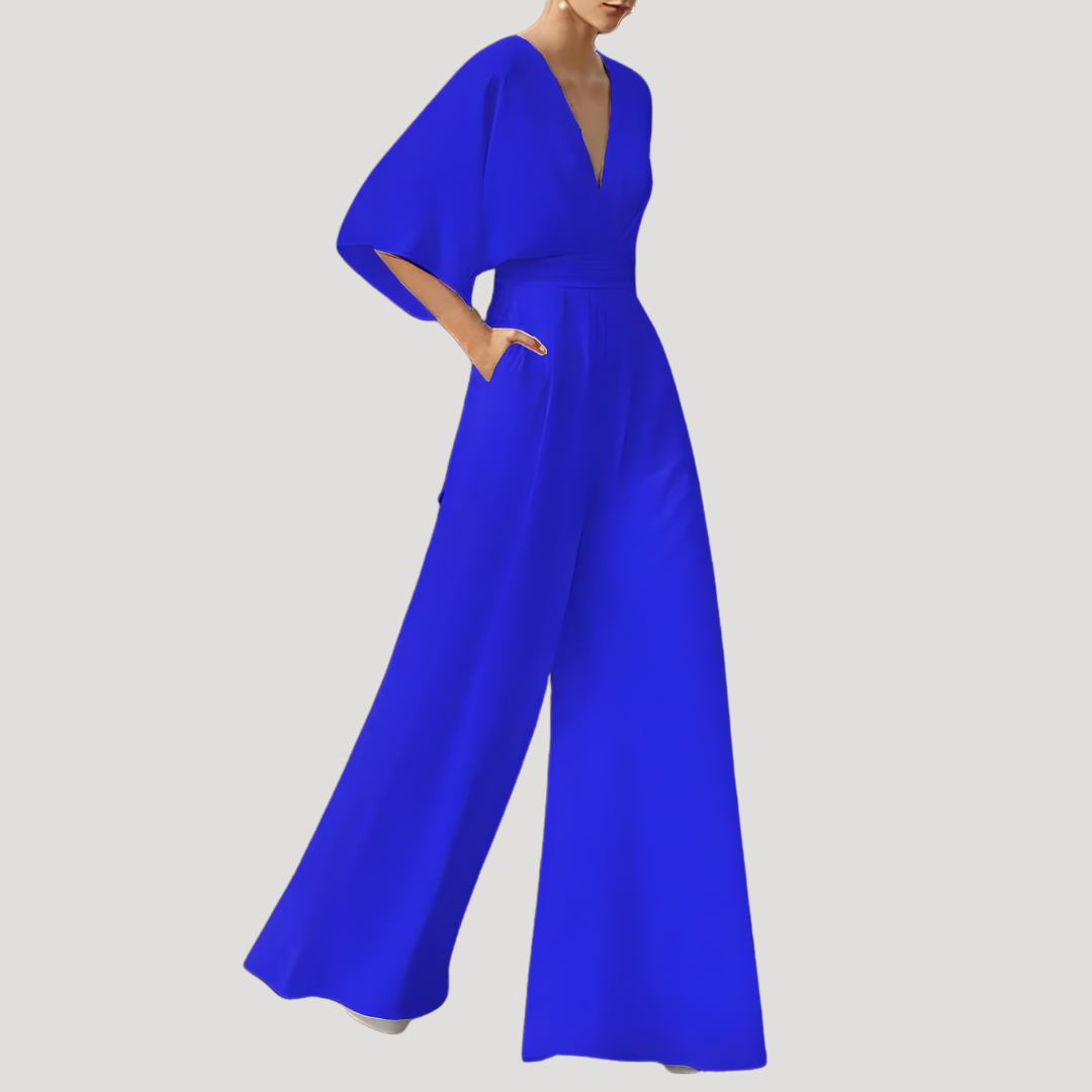 Celeste V-neck wide leg women's jumpsuit. A stylish, comfortable one-piece perfect for effortless summer fashion.