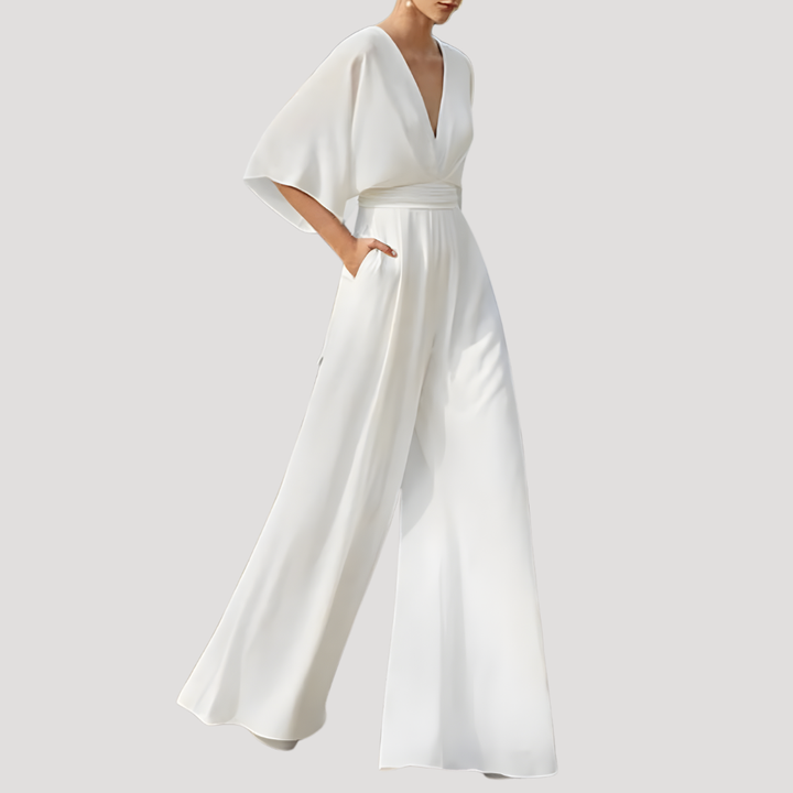 Celeste women's V-neck wide leg jumpsuit in a comfortable, elegant, and versatile one-piece design.