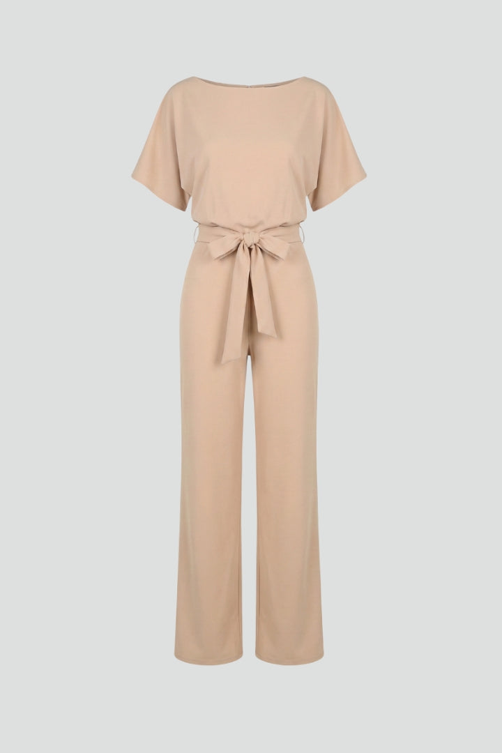 Celina | Women's Wide Leg Belted Jumpsuit - Beige - Image 1