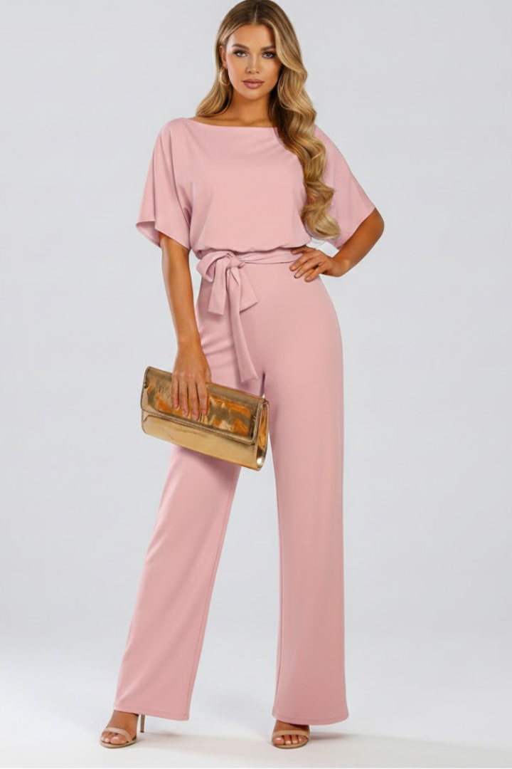 Celina | Women's Wide Leg Belted Jumpsuit - Beige - Image 11