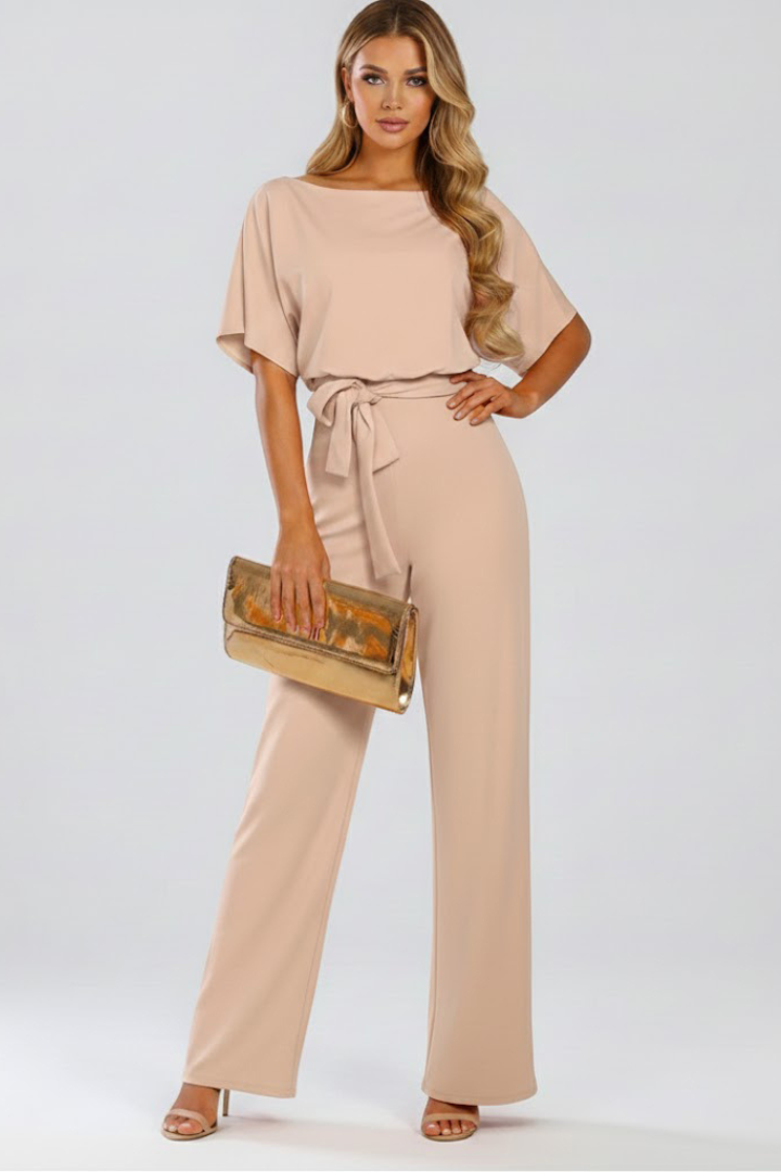 Celina | Women's Wide Leg Belted Jumpsuit - Beige - Image 2